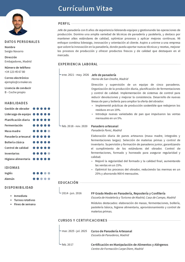 Ejemplo currículum de panadero
