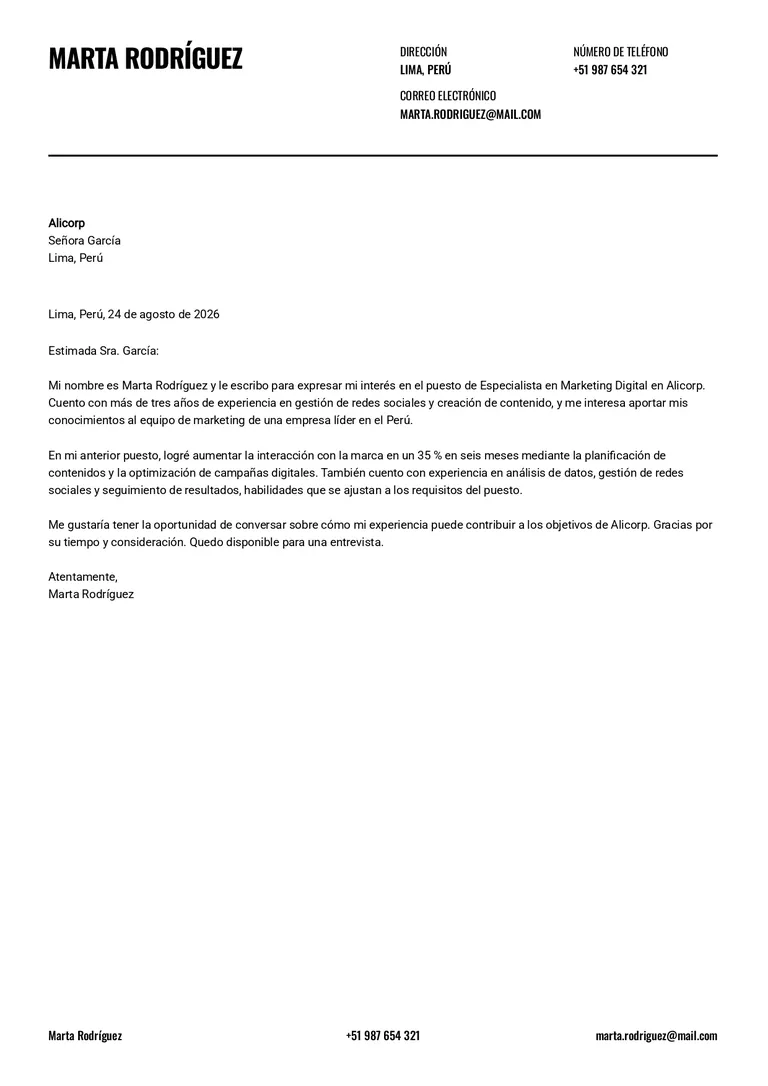 Ejemplo de carta de presentación corta