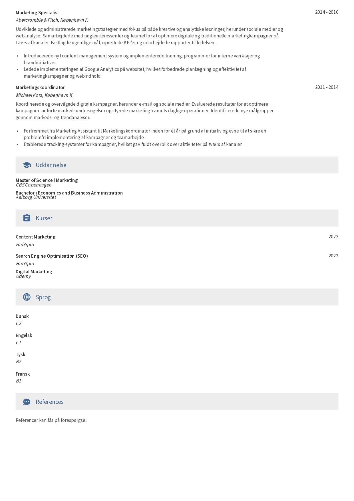 Eksempel på To-siders CV-skabelon 2