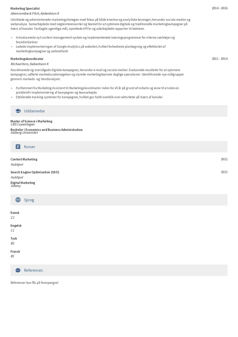 Eksempel på To-siders CV-skabelon 2