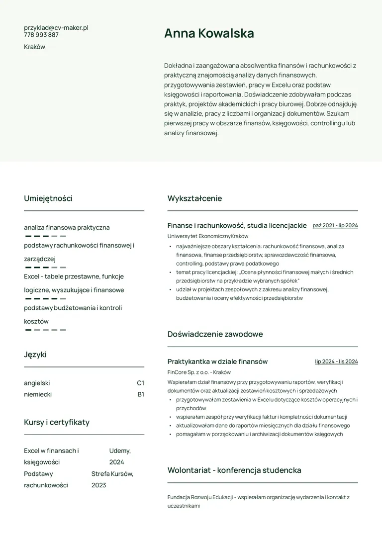 CV absolwenta finansów i rachunkowości