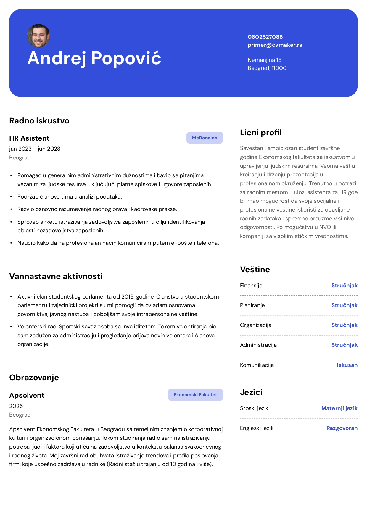 Primer CV-ja za studenta