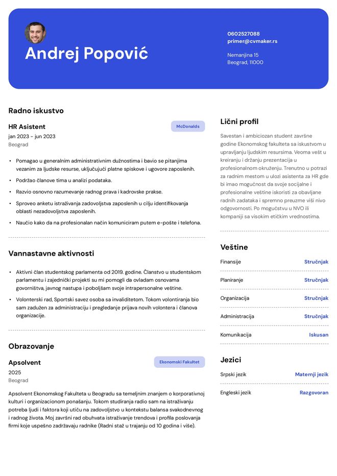 Primer CV-ja za studenta