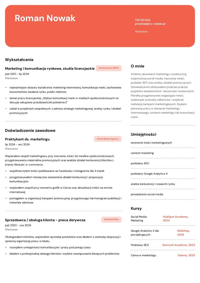 CV absolwenta marketingu