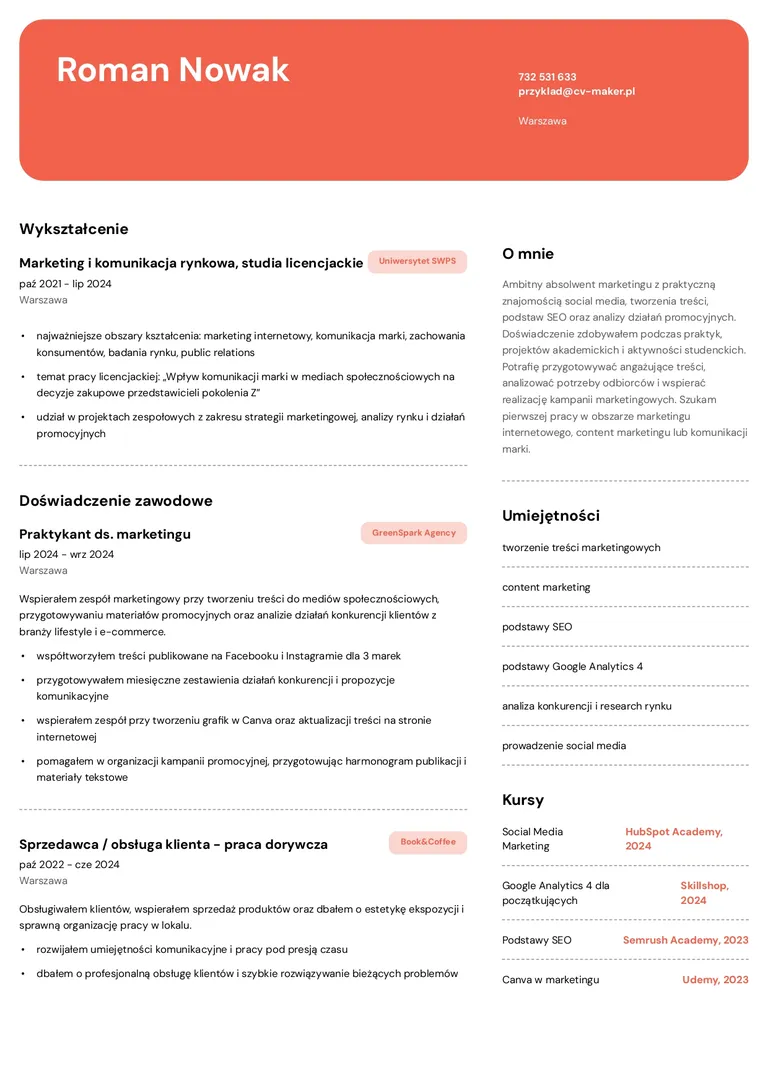 CV absolwenta marketingu