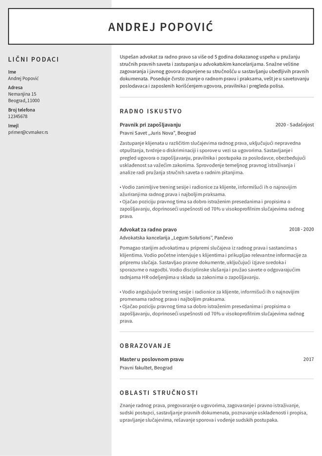 Primer CV-ja za advokata