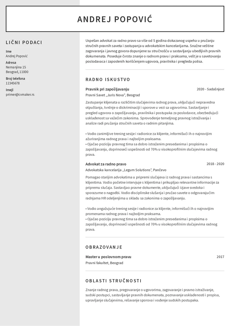 Primer CV-ja za advokata
