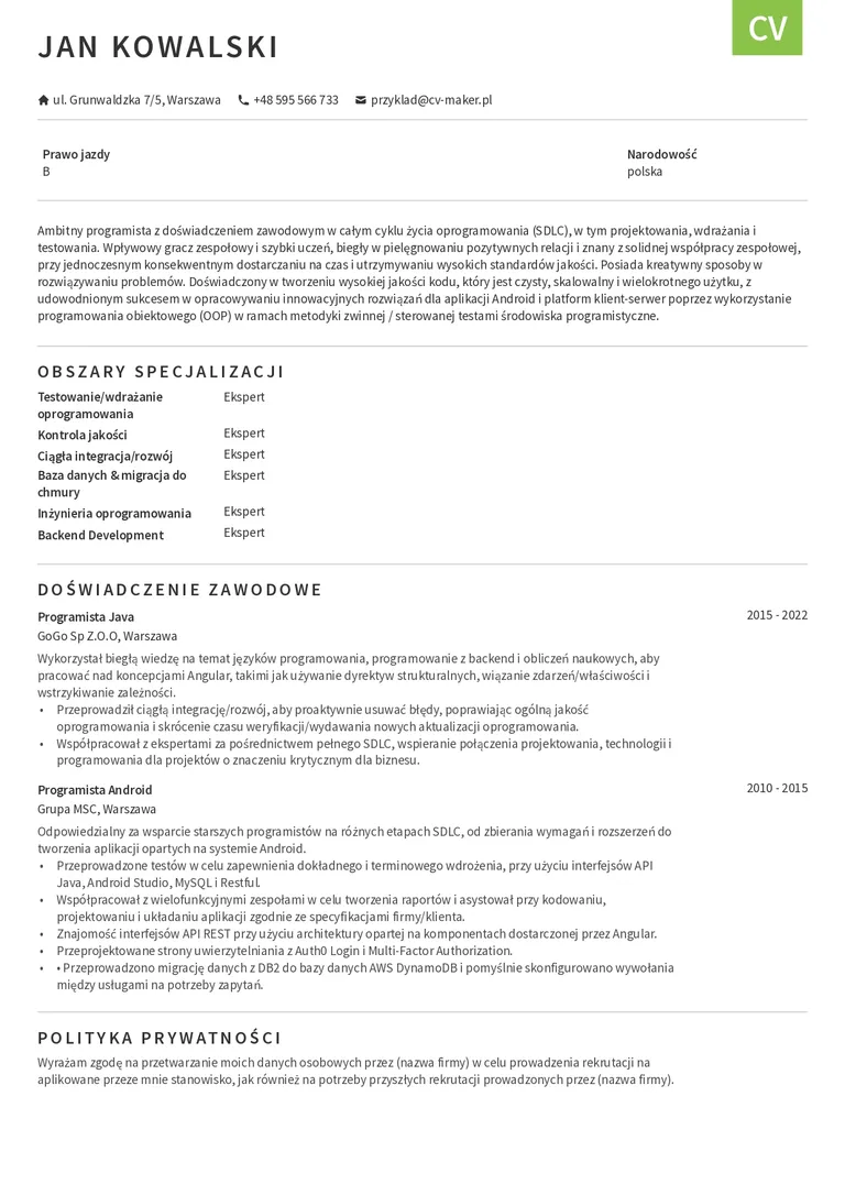 Otago CV przyklad