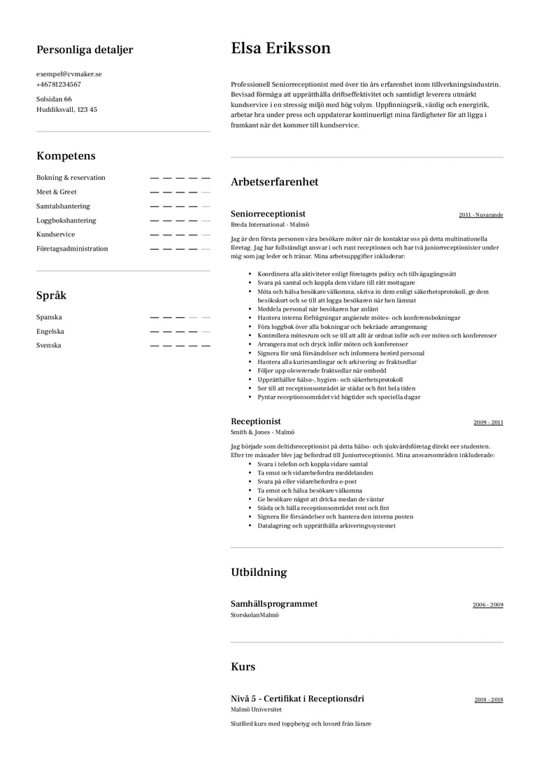 Exempel på receptionist-CV