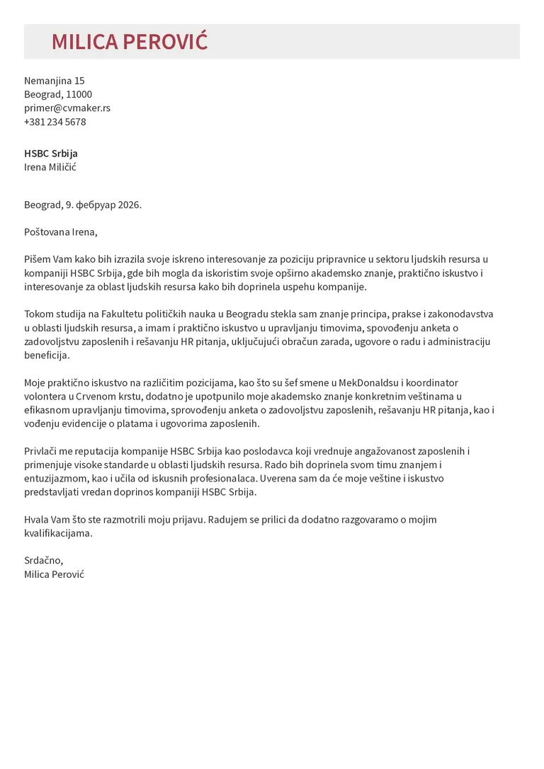 Primer kratkog propratnog pisma za studenta