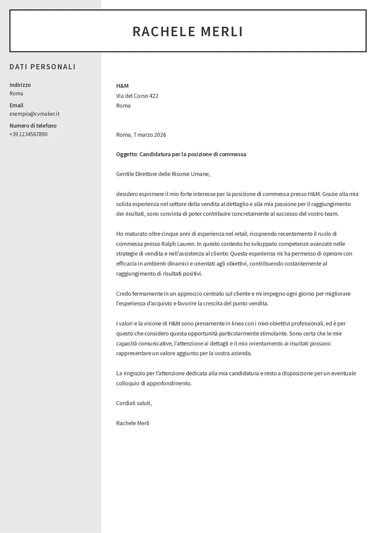 Esempio di lettera di presentazione per commessa