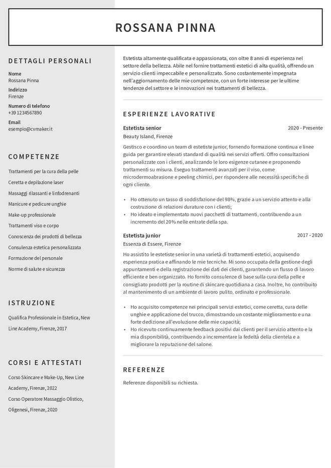 Esempio di CV per estetista