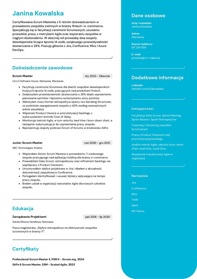CV Scrum Mastera przyklad