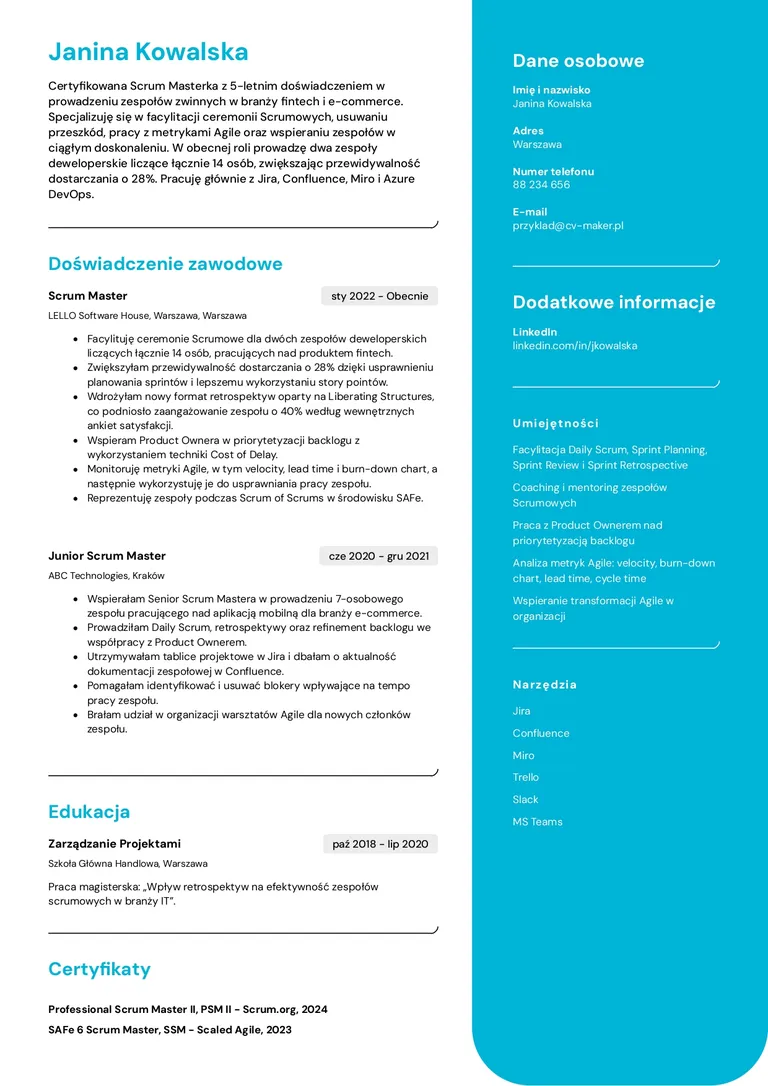 CV Scrum Mastera przyklad