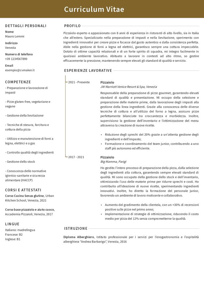 Esempio di CV per pizzaiolo