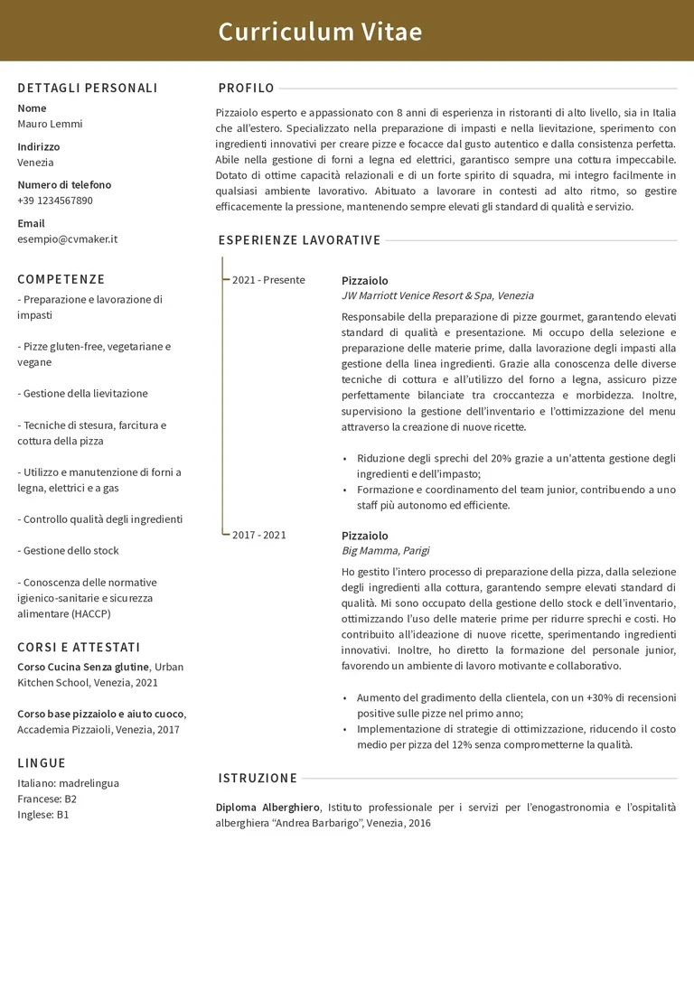 Esempio di CV per pizzaiolo