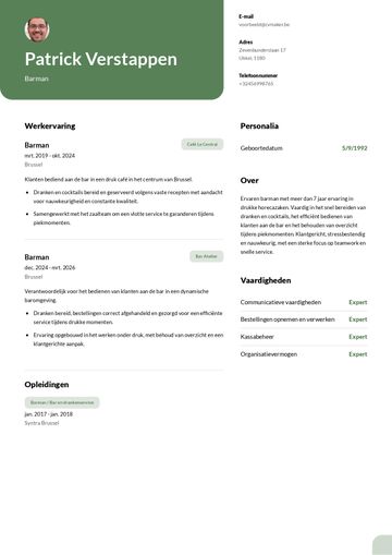 Barman-cv voorbeeld