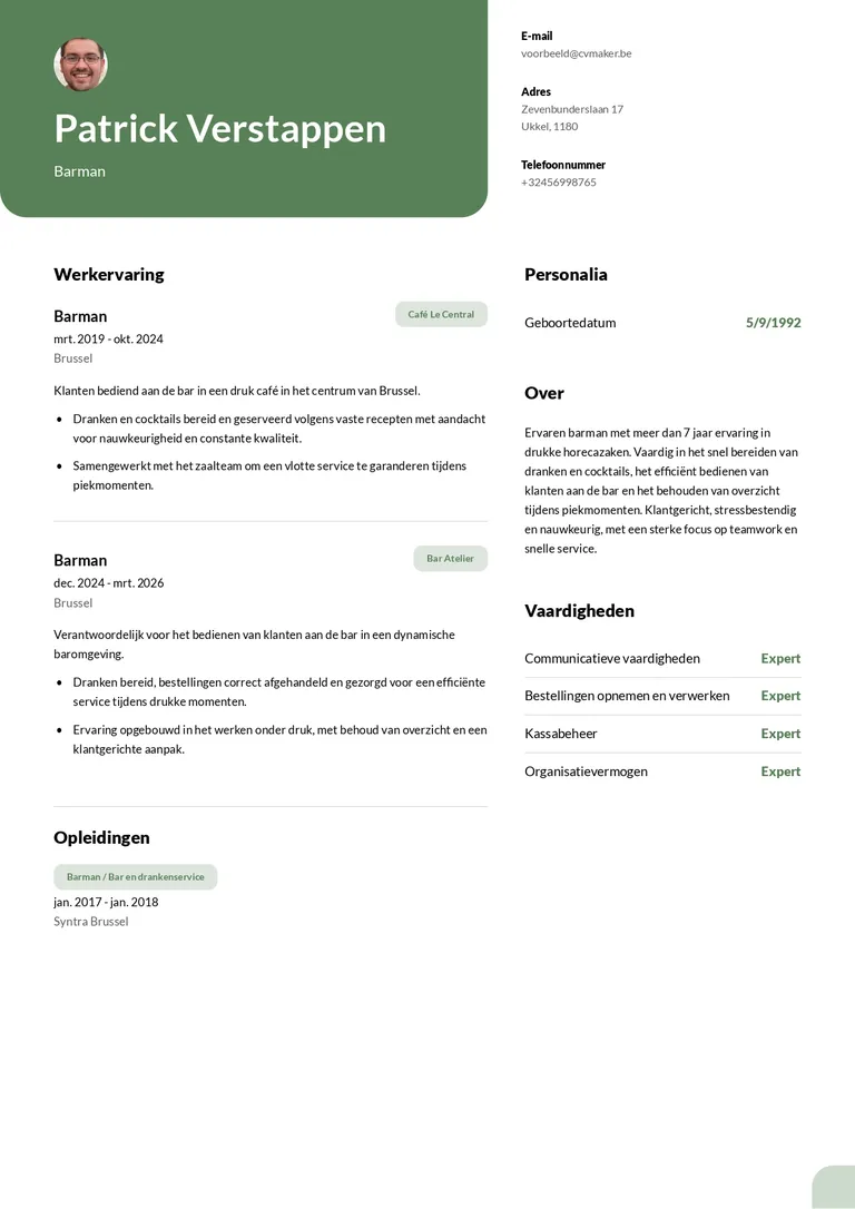 Barman cv voorbeeld