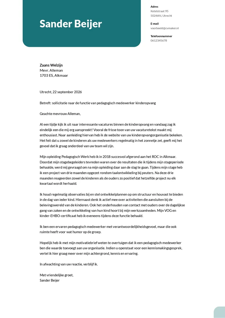 Voorbeeld sollicitatiebrief kinderopvang