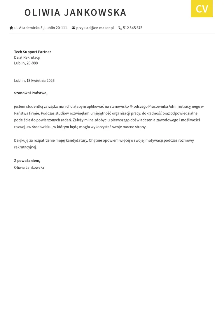 Przykład krótkiego listu motywacyjnego dla studenta