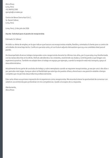 Carta de presentación simple para recepionista