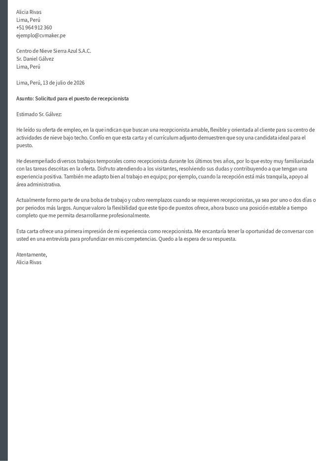 Carta de presentación simple para recepionista