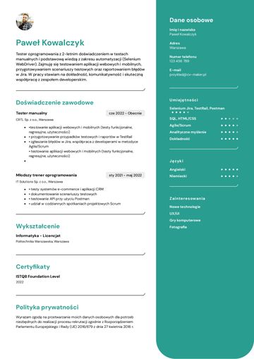 Testera oprogramowania przyklad cv