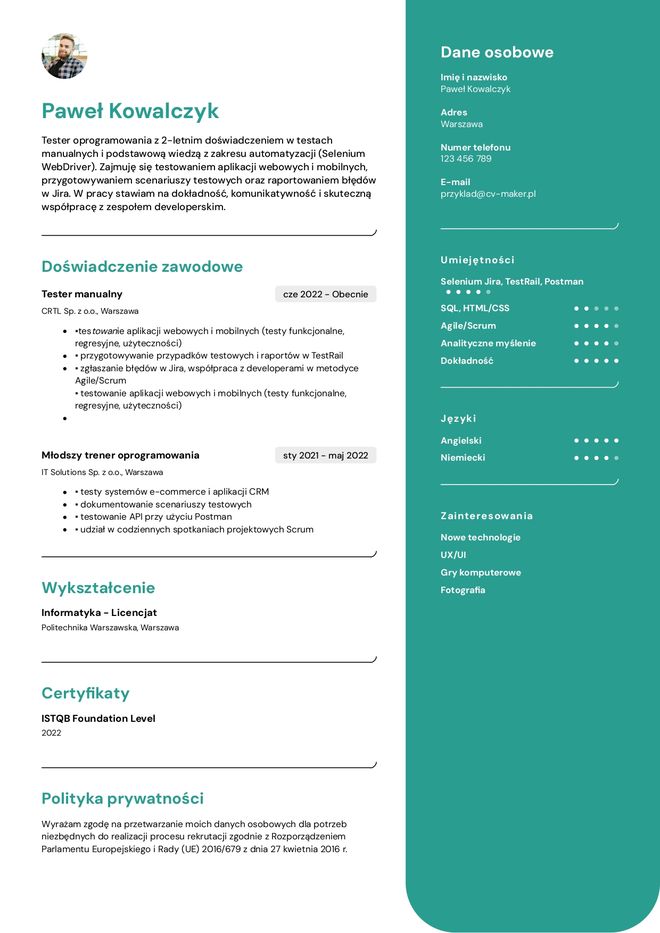 Testera oprogramowania przyklad cv