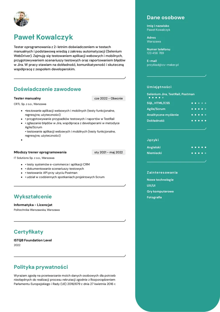 Testera oprogramowania przyklad cv
