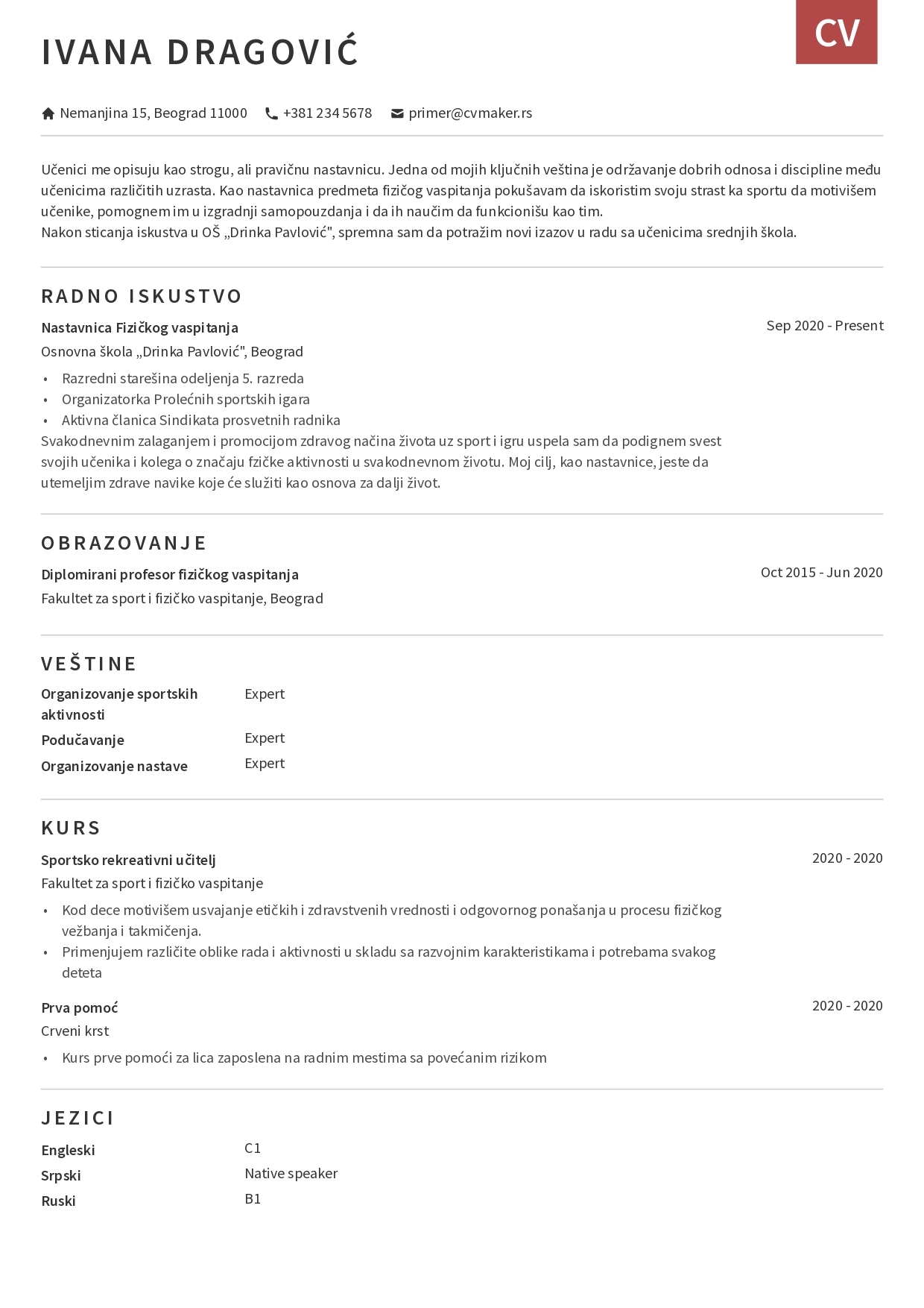 Primer CV-ja za profesora