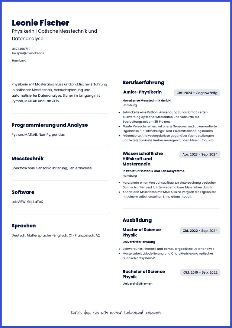 Beispiel-Lebenslauf für Physiker
