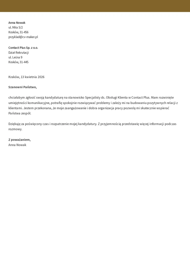Przykład krótkiego listu motywacyjnego do obsługi klienta