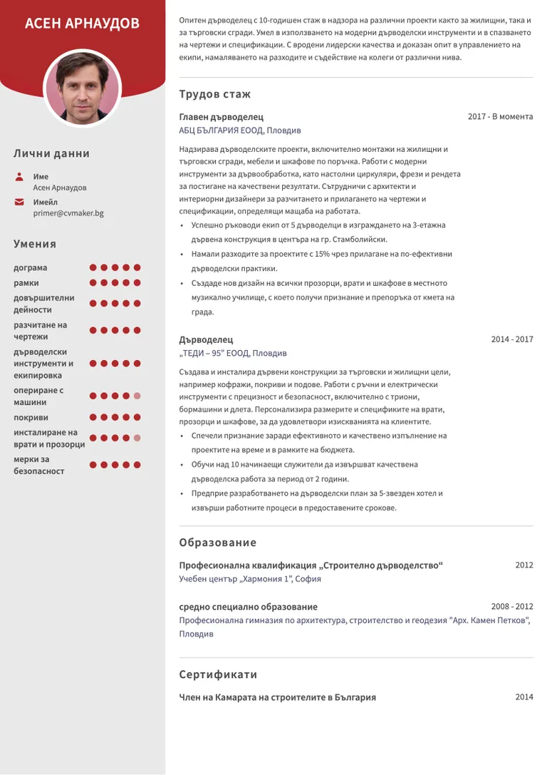 Примерно CV на дърводелец