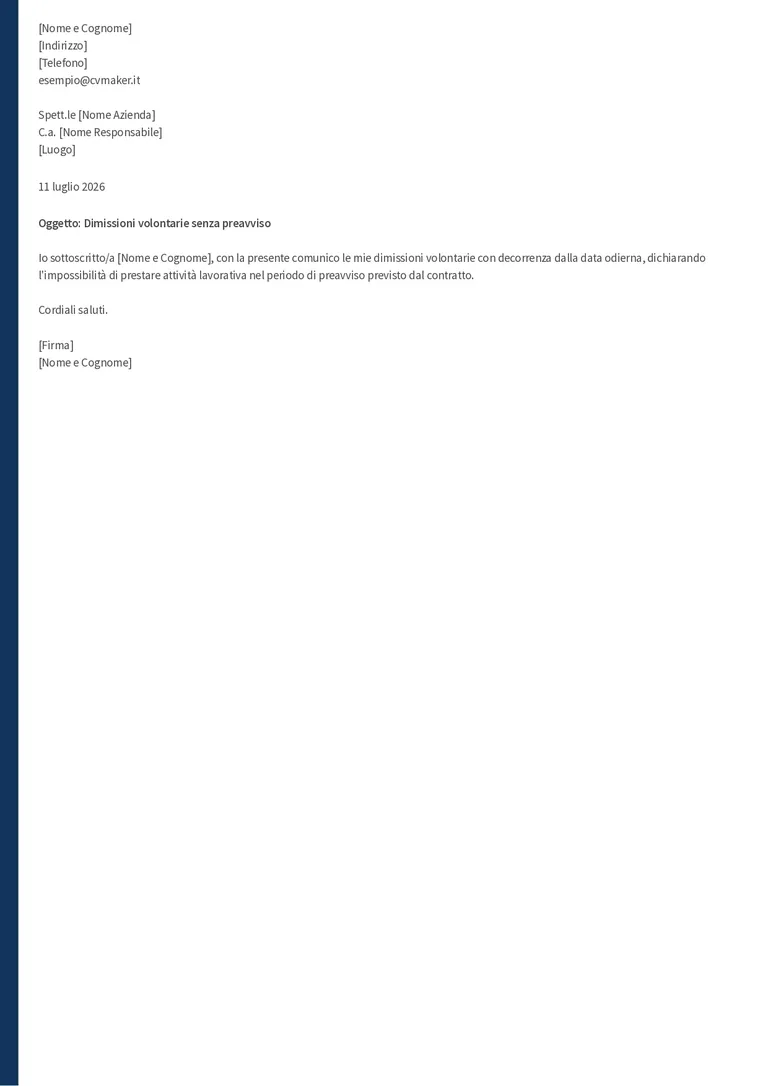 Lettera di dimissioni senza preavviso