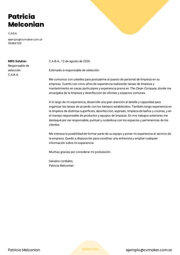 Ejemplo de carta de presentación para un trabajo de limpieza