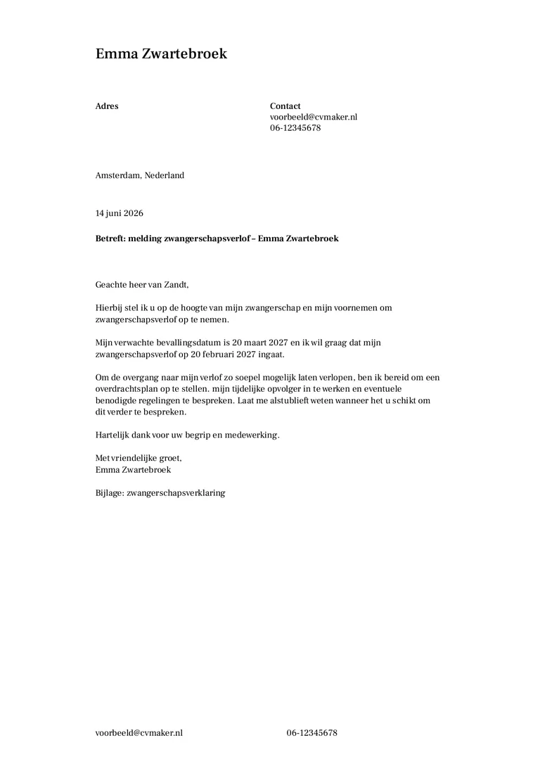 Zwangerschapsverlof aanvraag voorbeeld