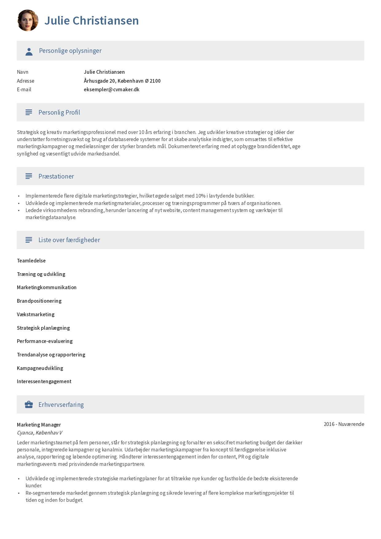 Eksempel på To-siders CV-skabelon 1