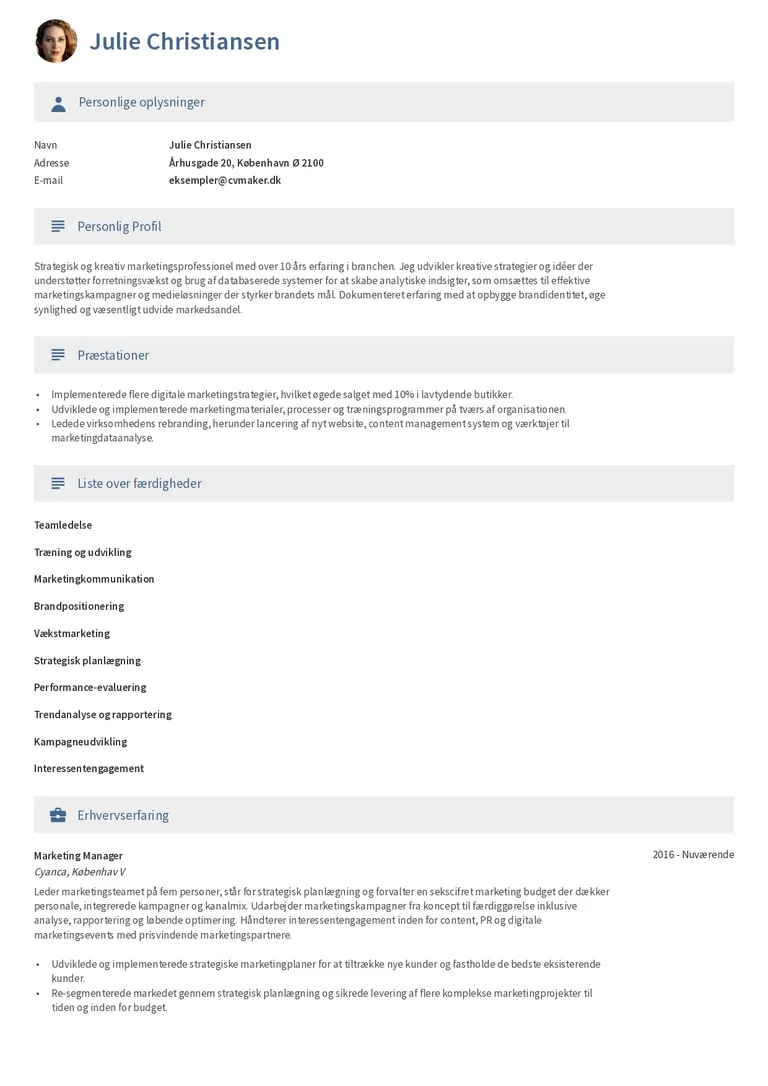Eksempel på To-siders CV-skabelon 1