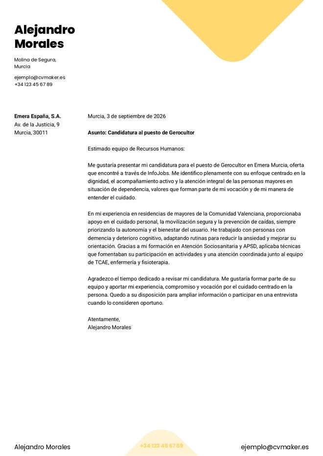 Ejemplo de una carta de presentación para cuidador de personas mayores