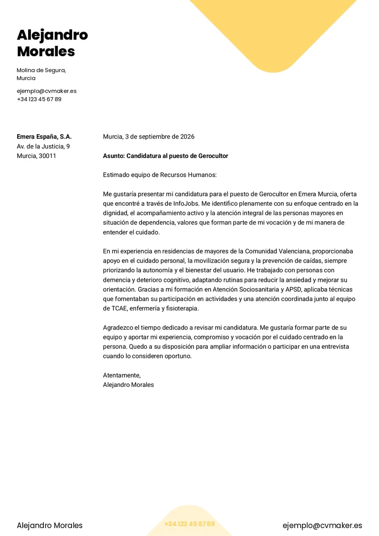 Ejemplo de una carta de presentación para cuidador de personas mayores