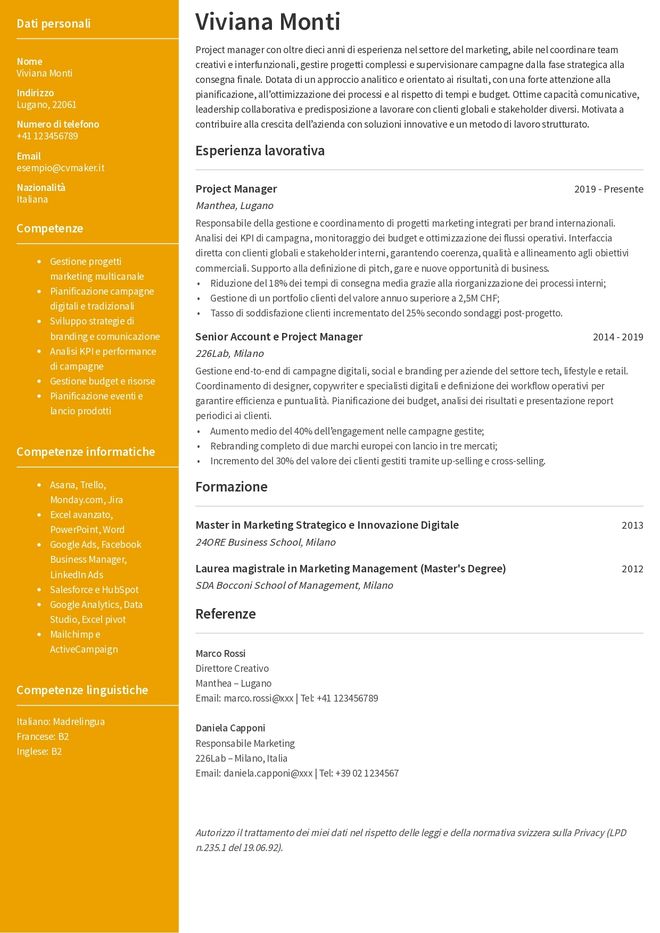 Esempio di CV per la Svizzera