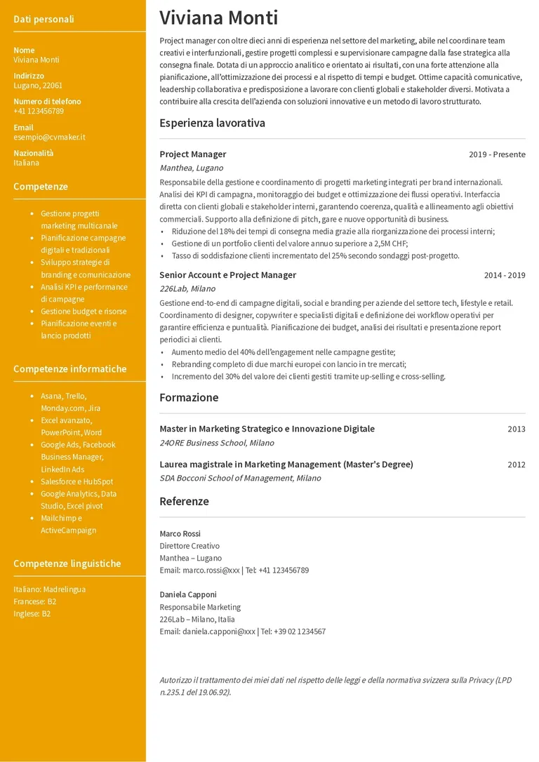 Esempio di CV per la Svizzera