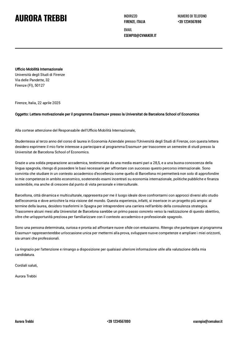 Lettera motivazionale Erasmus: esempio