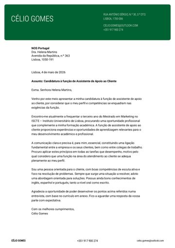 Exemplo carta de apresentação cornell verde