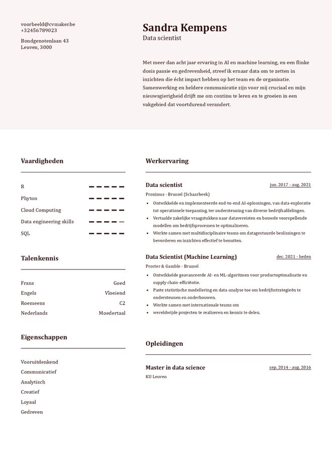 Data scientist cv voorbeeld