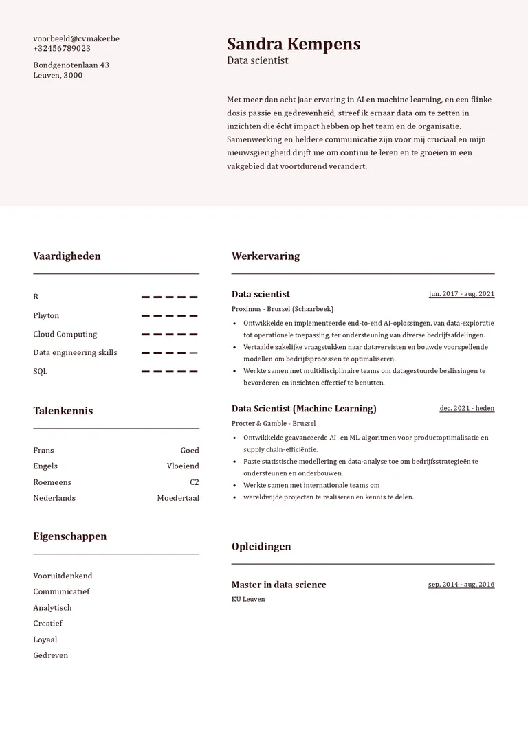 Voorbeeld van een data scientist cv