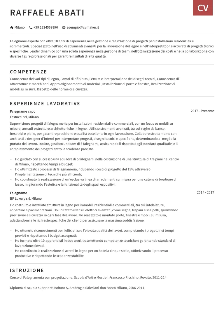 Esempio di CV per falegname