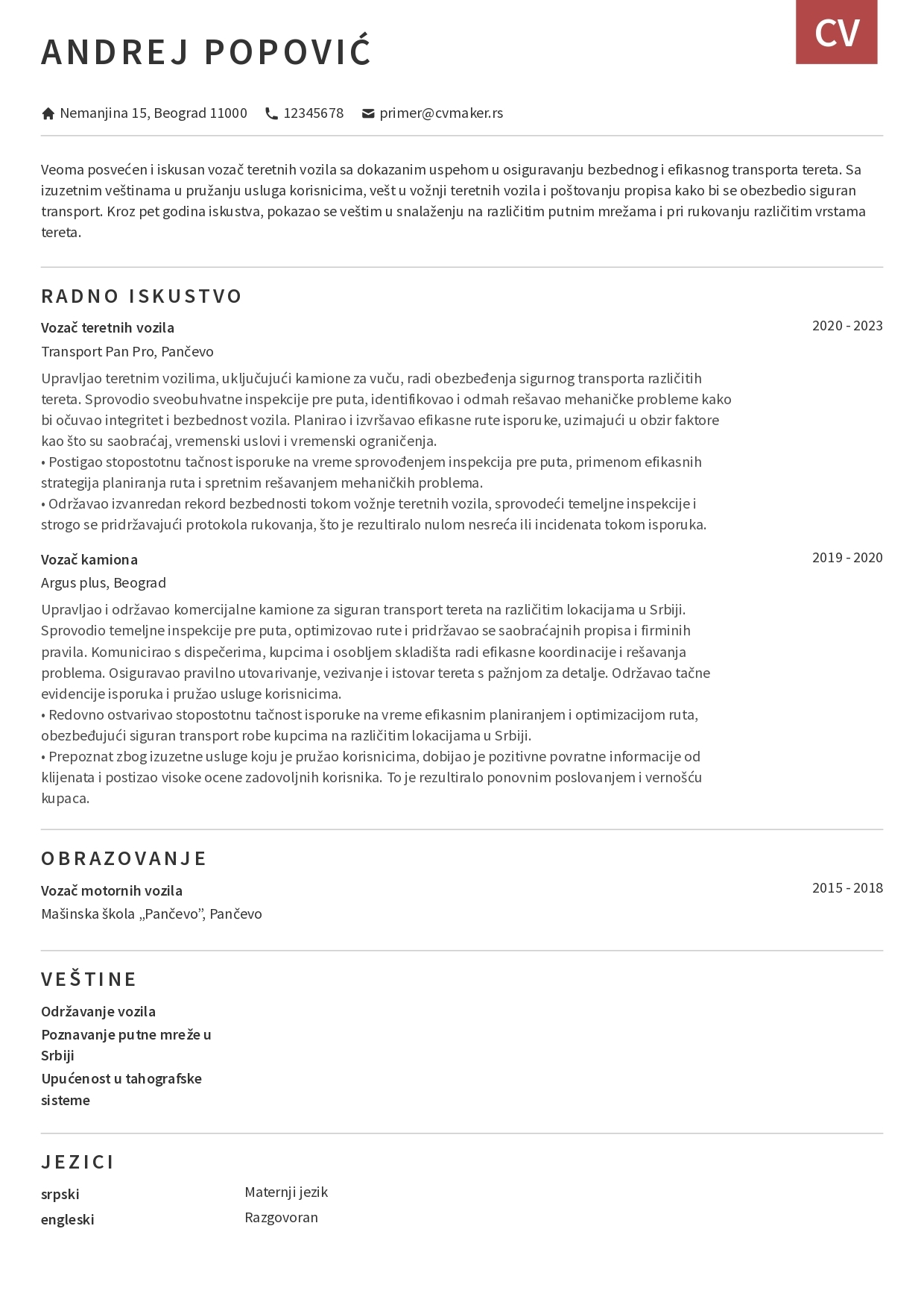 Primer CV-ja za vozača