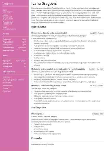 Primer CV-ja za medicinksu sestru