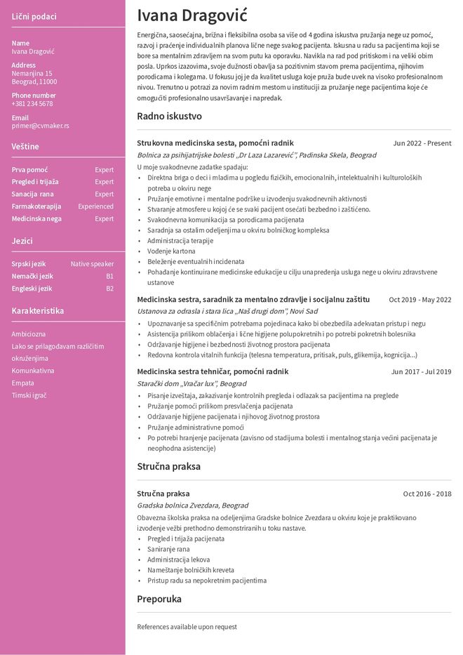 Primer CV-ja za medicinksu sestru